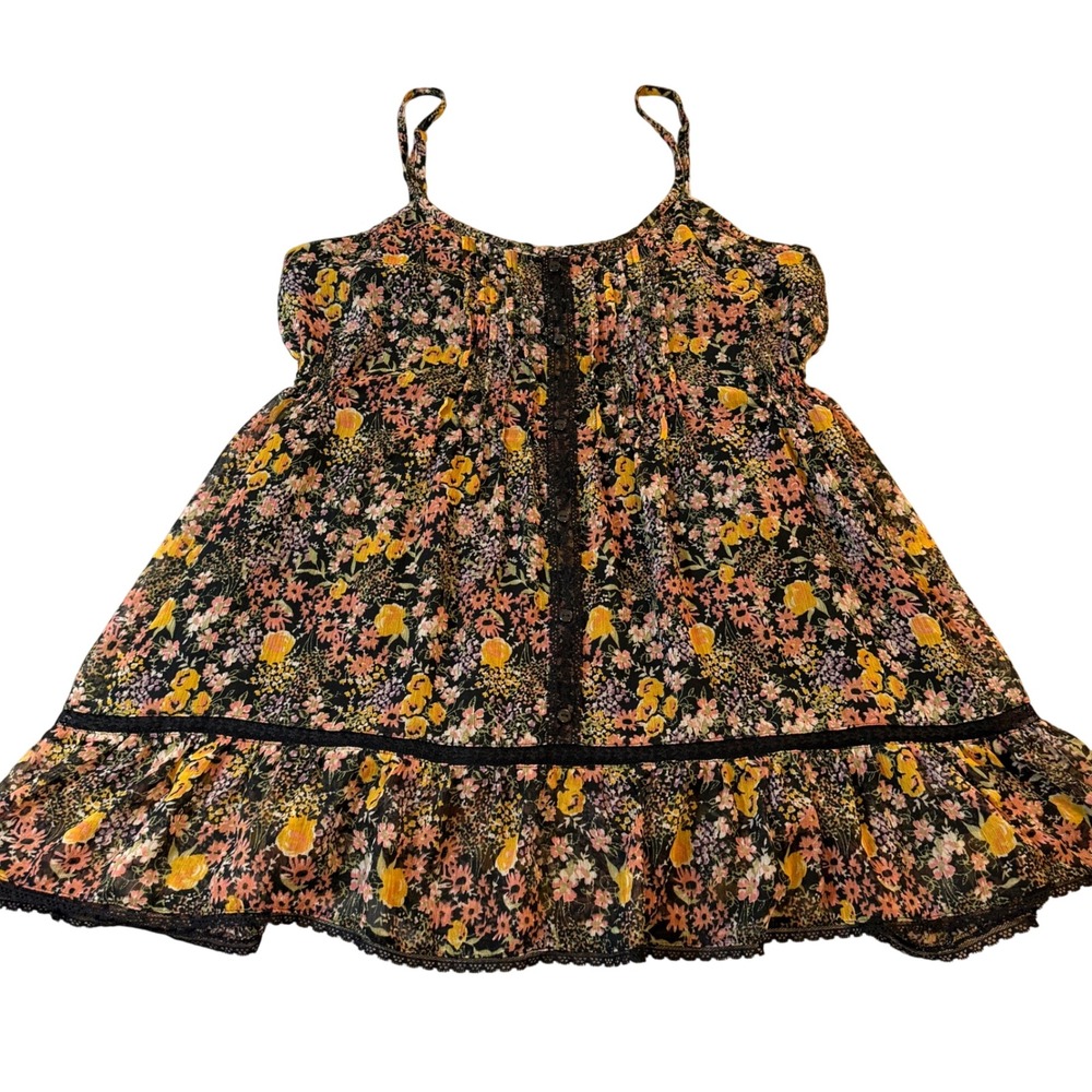 Decree Womens Floral Babydoll Camisole Top Black Lace Trim Button Front Large